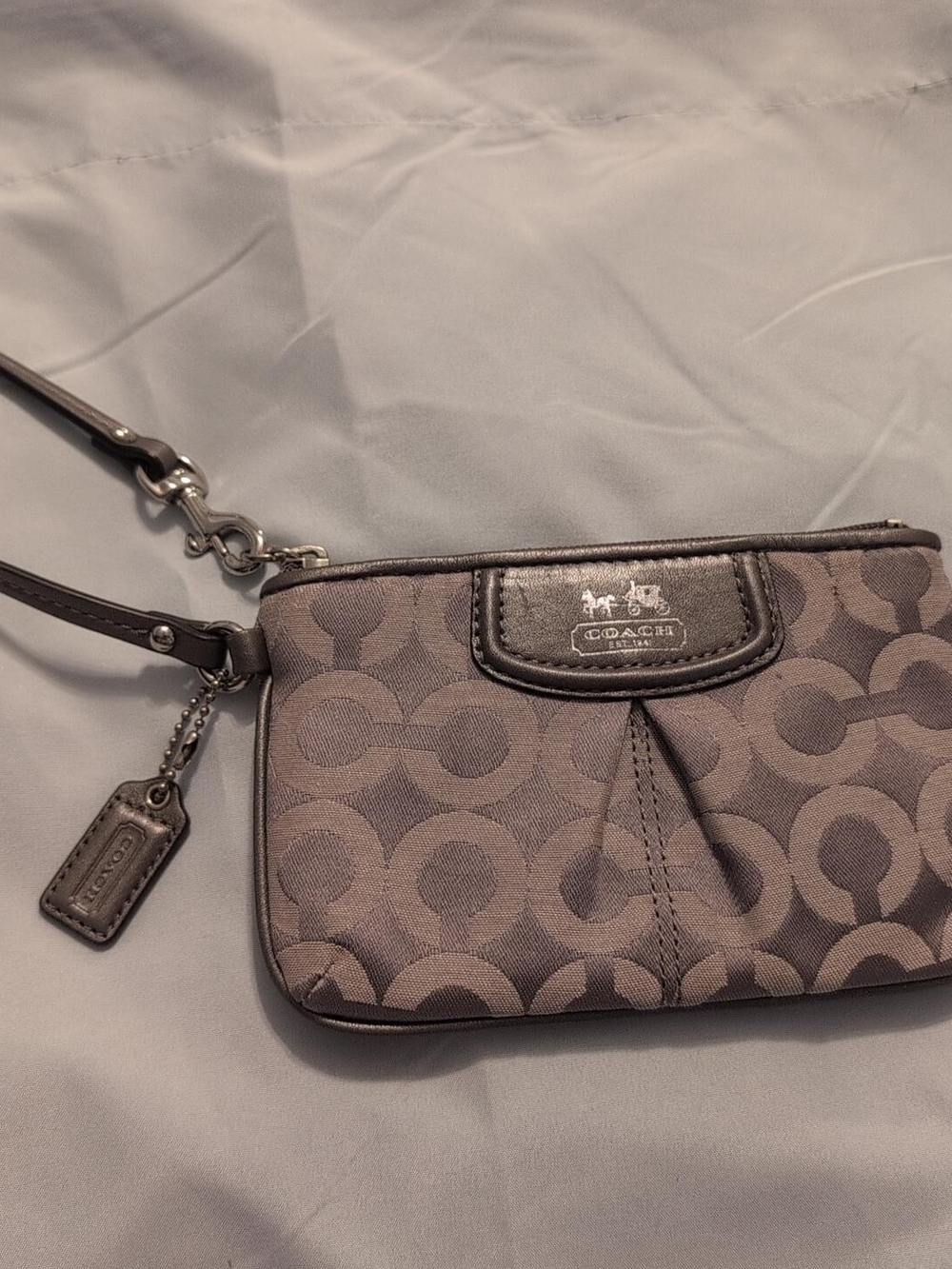 Coach Gray Signature Wristlet with Leather Trim